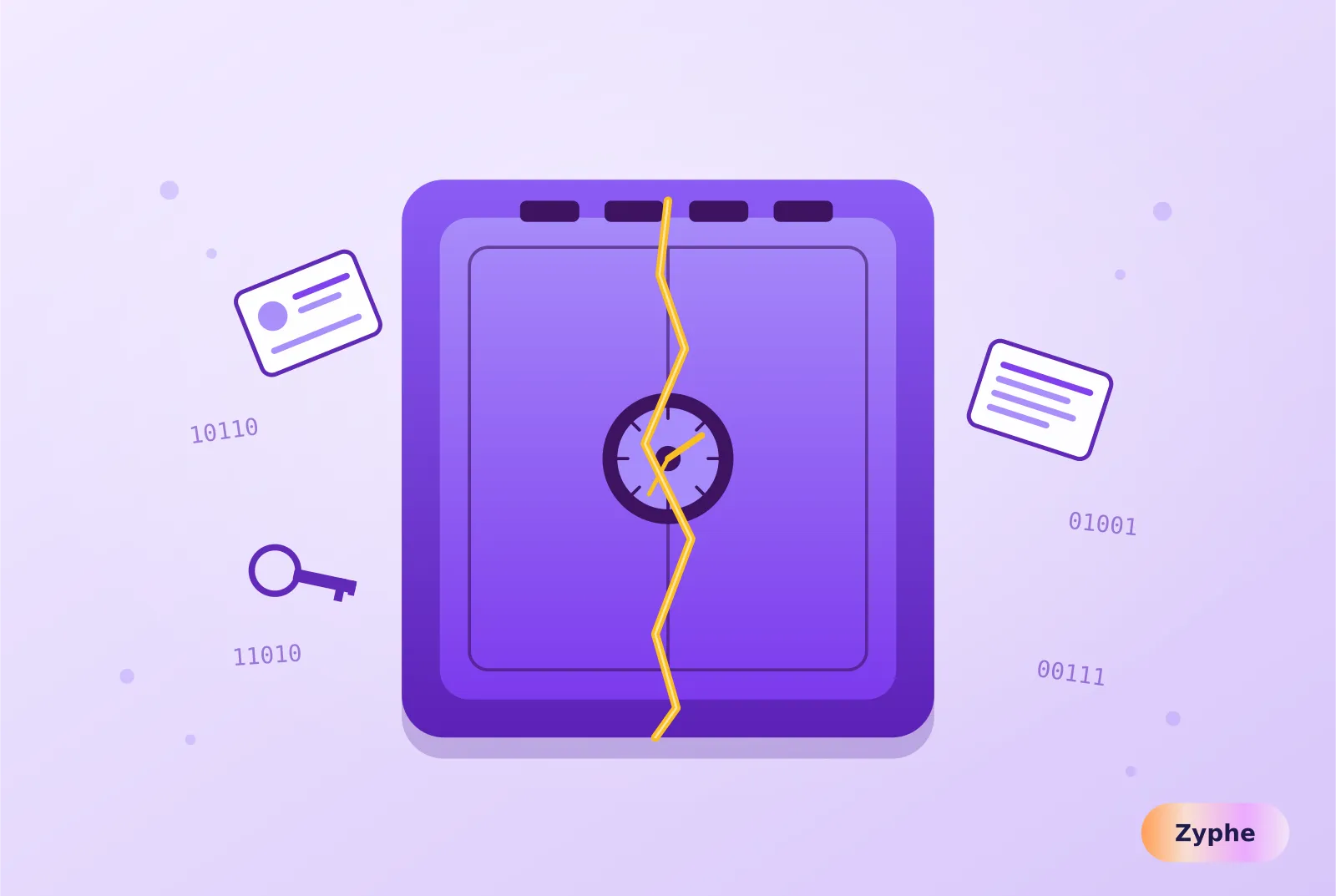 Cracked violet vault with personal data leaking out, illustrating how a centralised KYC vendor becomes a single point of breach